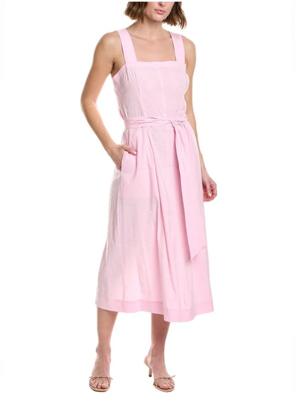 VINCE Square Neck Linen-Blend Belted Midi Dress! Size 12